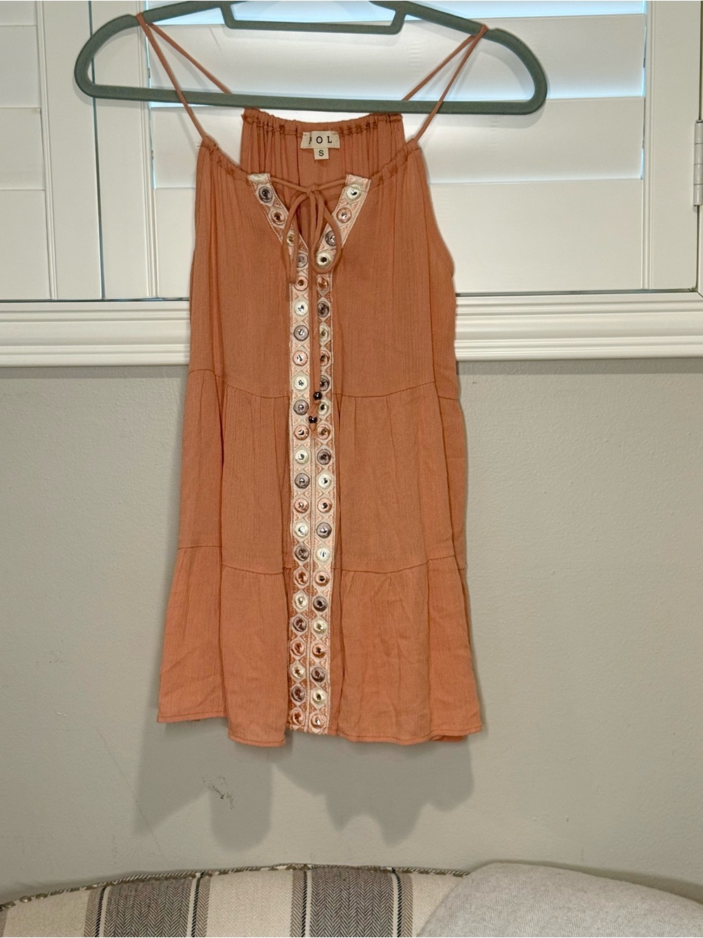 POL Peach Eyelet-Trim Spaghetti-Strap Blouse